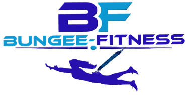 A logo for bungee fitness with a person flying through the air
