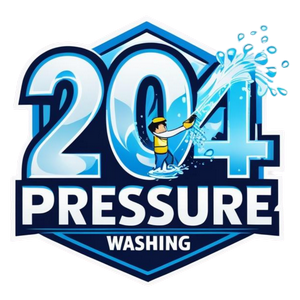 Logo for 204 Pressure Washing: Blue and white design with person pressure washing water.