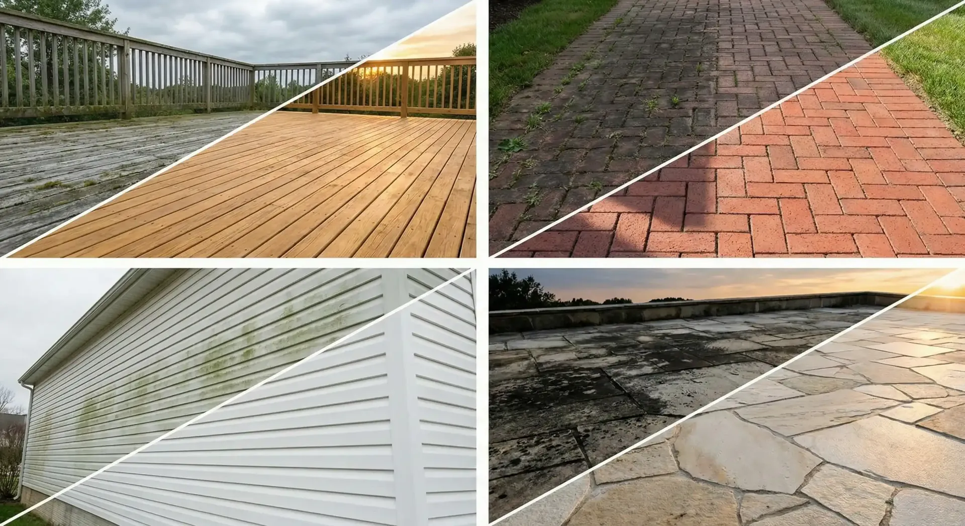 Four split-screen images showing before/after cleaning: deck, brick walkway, siding, and stone patio.