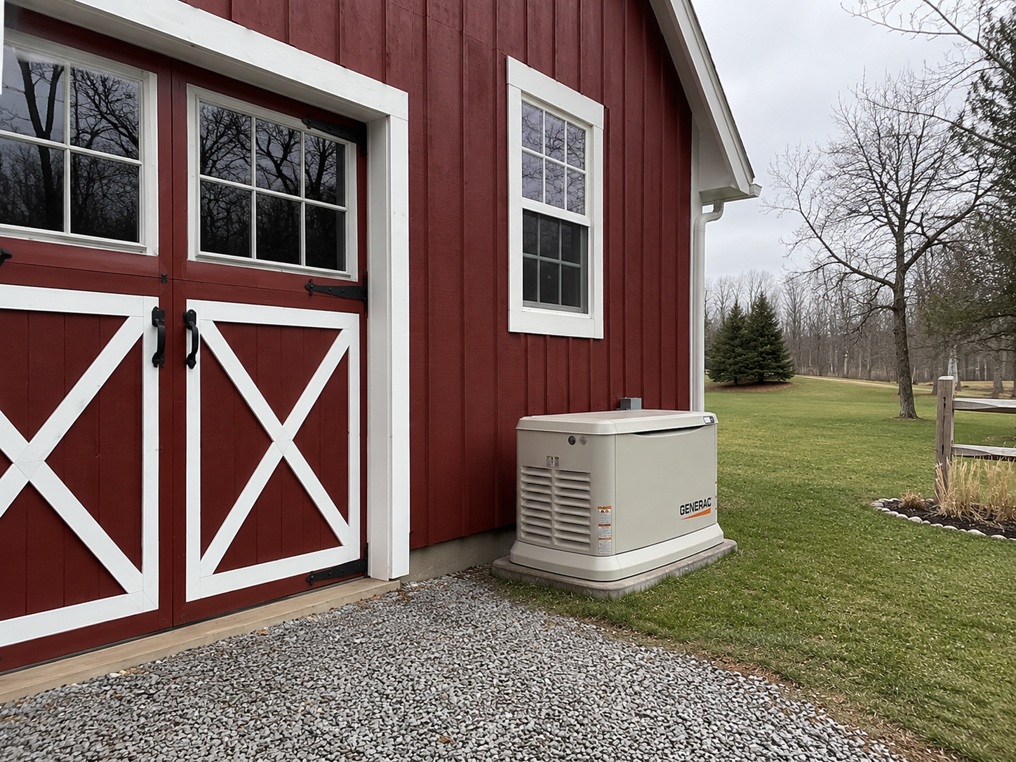 Red barn with white-trimmed doors and a beige generator beside it on a gravel driveway.