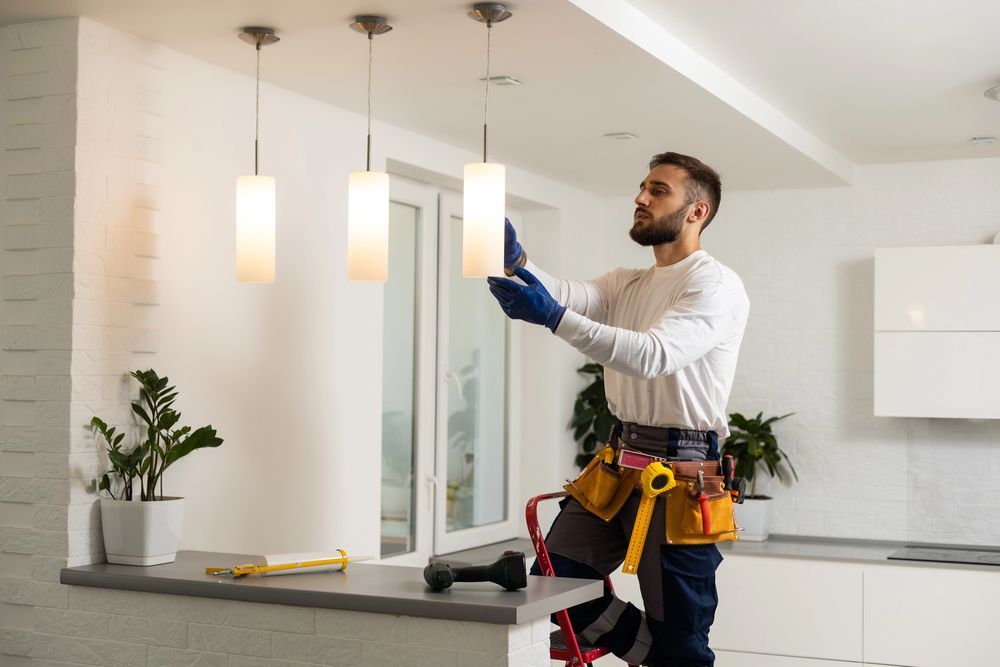 Man on a ladder installing a pendant light in a white kitchen.