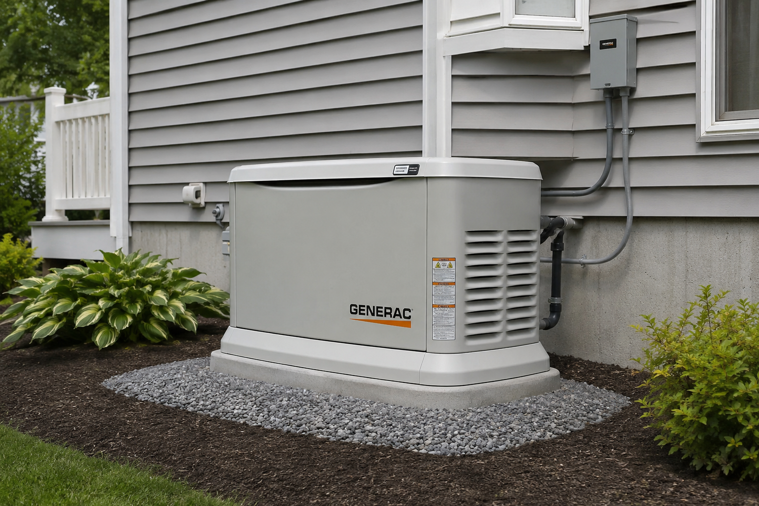 Residential backup generator beside a gray house, on a gravel base near utility meters and siding.