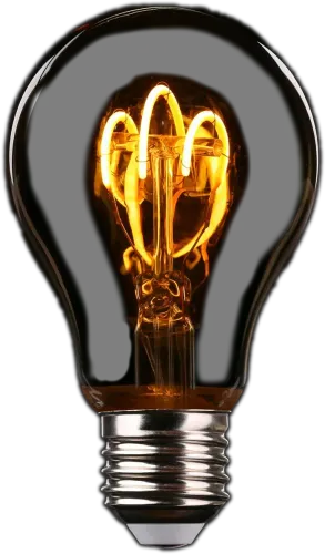 Glowing Edison-style lightbulb with a decorative filament inside the darkened glass, set against a black background.
