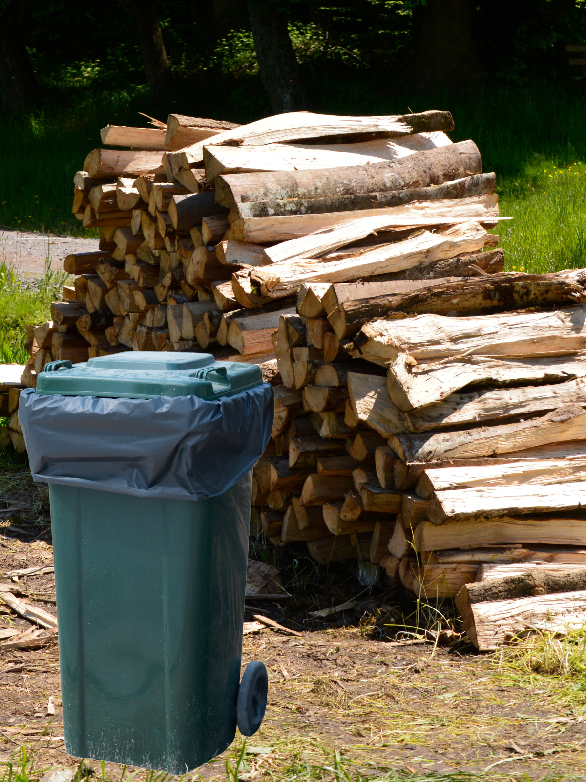 A green trash can is sitting in front of a pile of logs.