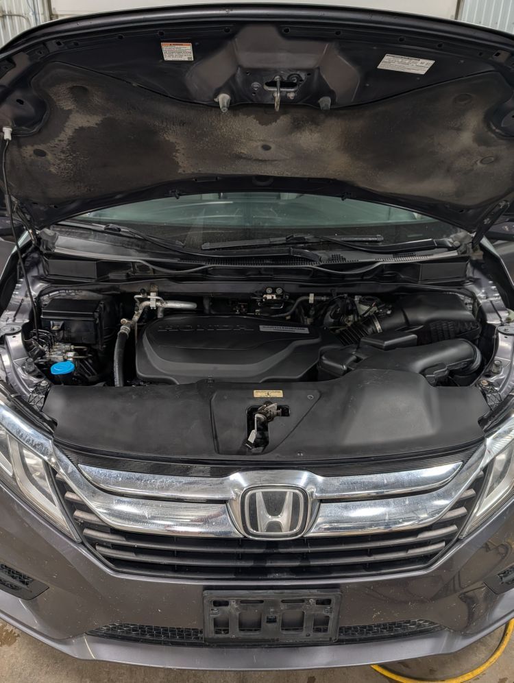 Open hood of a gray Honda Odyssey, revealing the engine compartment.