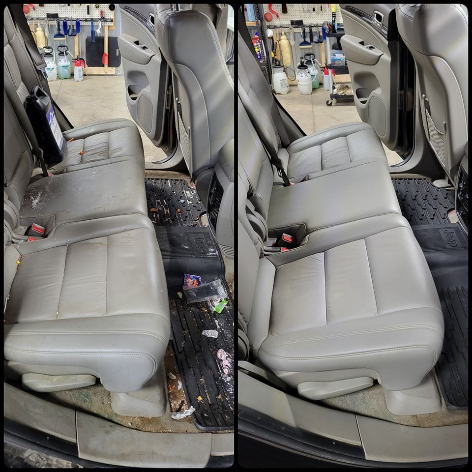 A before and after picture of the back seat of a car.