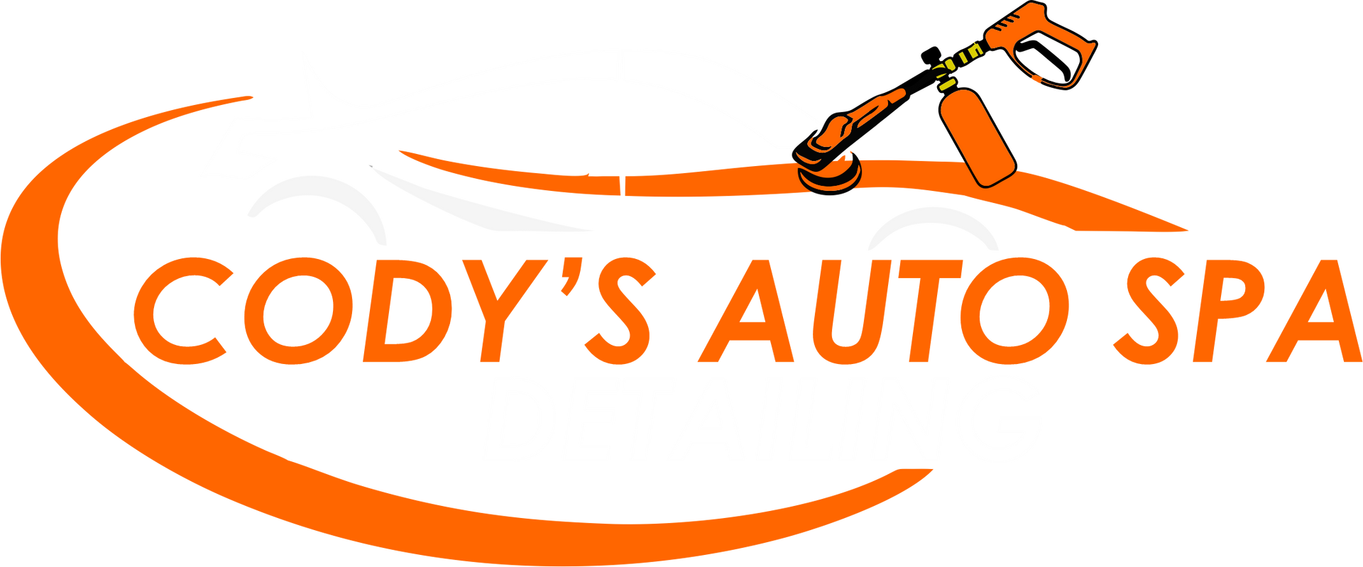 Logo for Cody's Auto Spa Detailing, featuring an orange car outline, a spray gun, and the business name in orange and black.