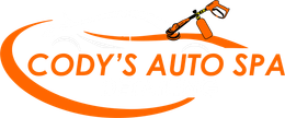 Logo for Cody's Auto Spa Detailing, featuring an orange car outline, a spray gun, and the business name in orange and black.