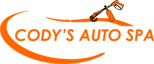 Logo for Cody's Auto Spa Detailing, featuring an orange car outline, a spray gun, and the business name in orange and black.