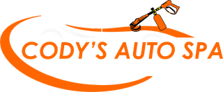 Logo for Cody's Auto Spa Detailing, featuring an orange car outline, a spray gun, and the business name in orange and black.