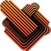 Abstract design featuring overlapping, angular layers of alternating orange and black stripes.