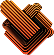 Abstract design featuring overlapping, angular layers of alternating orange and black stripes.