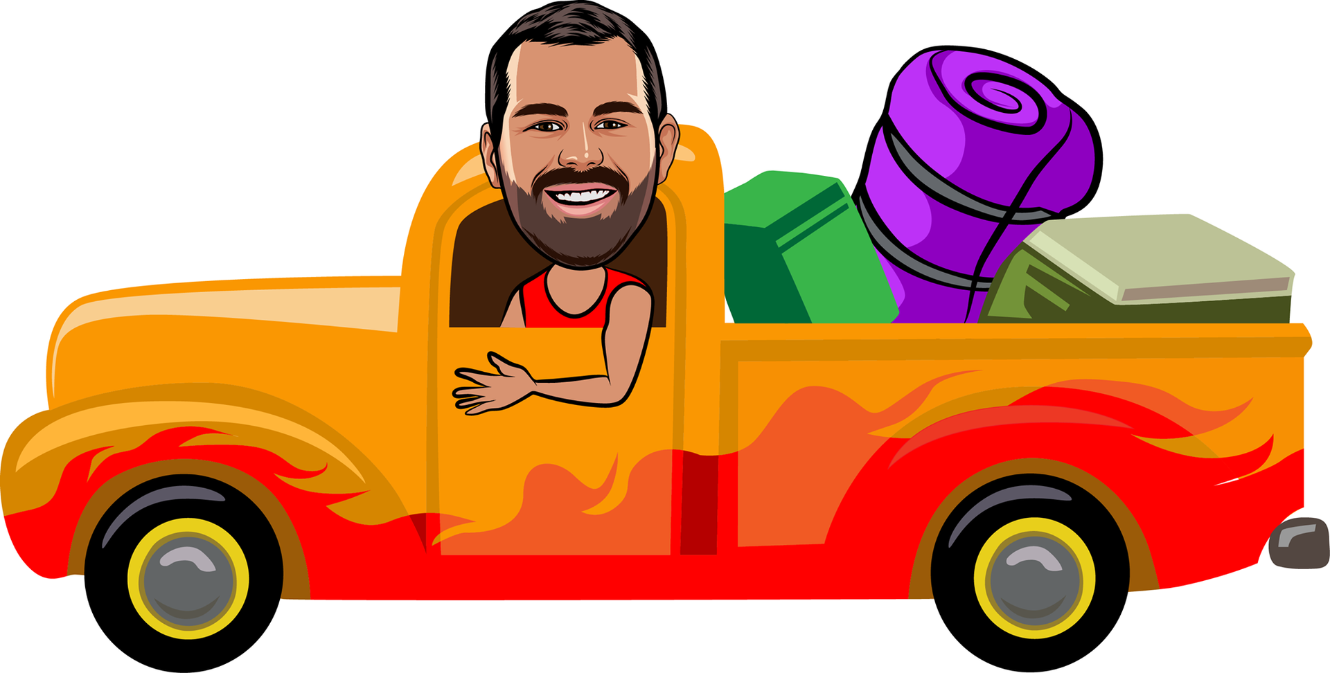 Man driving a brightly colored pickup truck filled with camping gear.