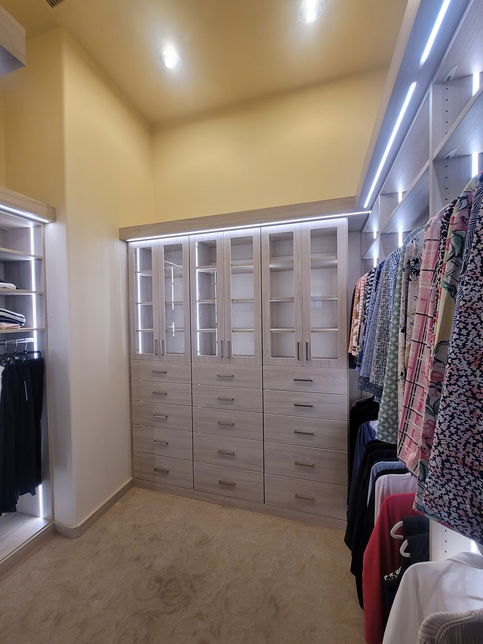 Walk-in closet with built-in drawers, hanging clothes, and a beige carpeted floor under warm lighting