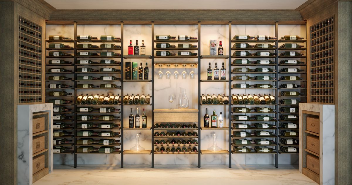 Wine cellar with wall-mounted shelves of bottles and glasses, warmly lit and centered display.