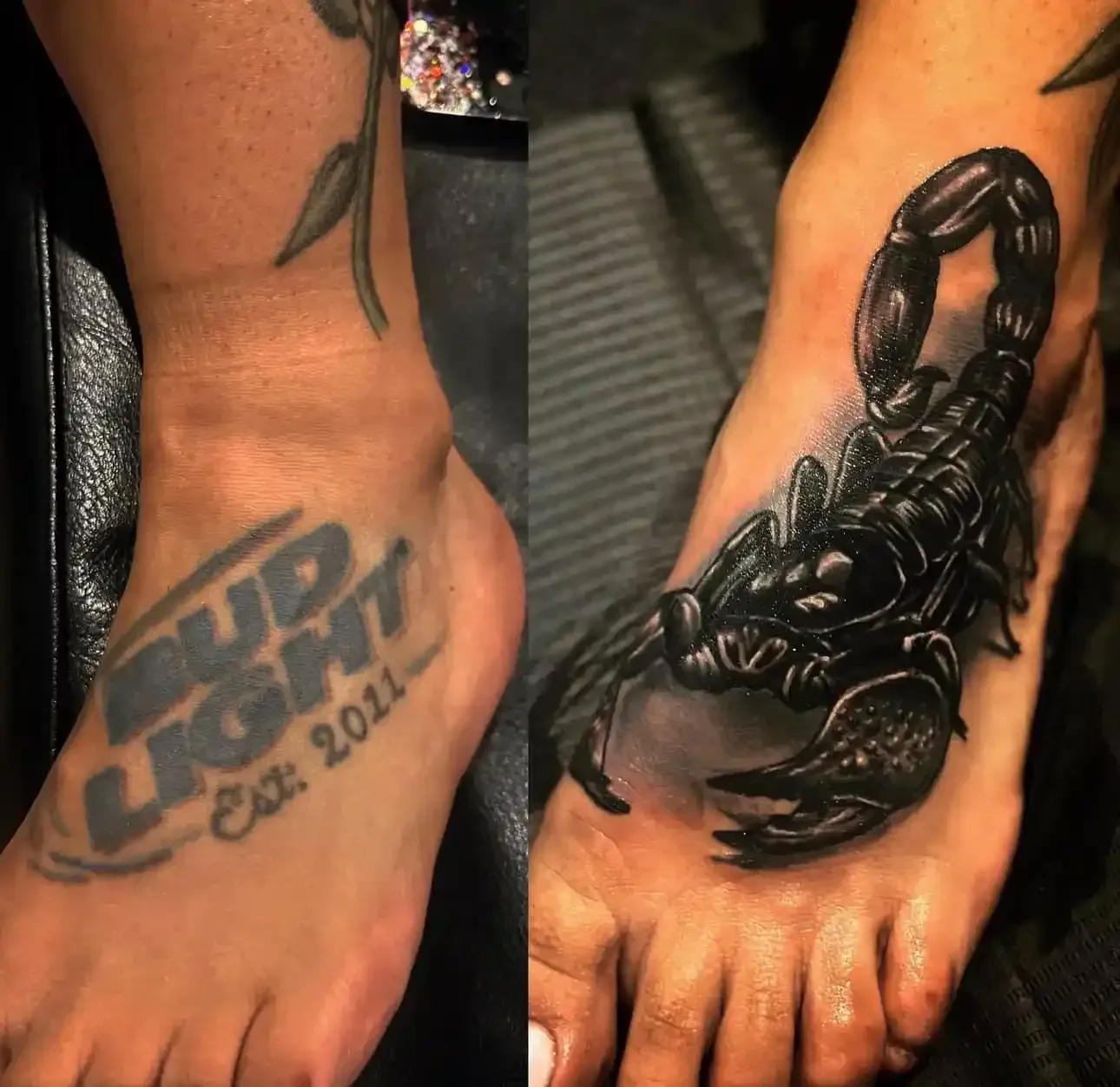 Before and after pictures of a scorpion tattoo cover up on a foot