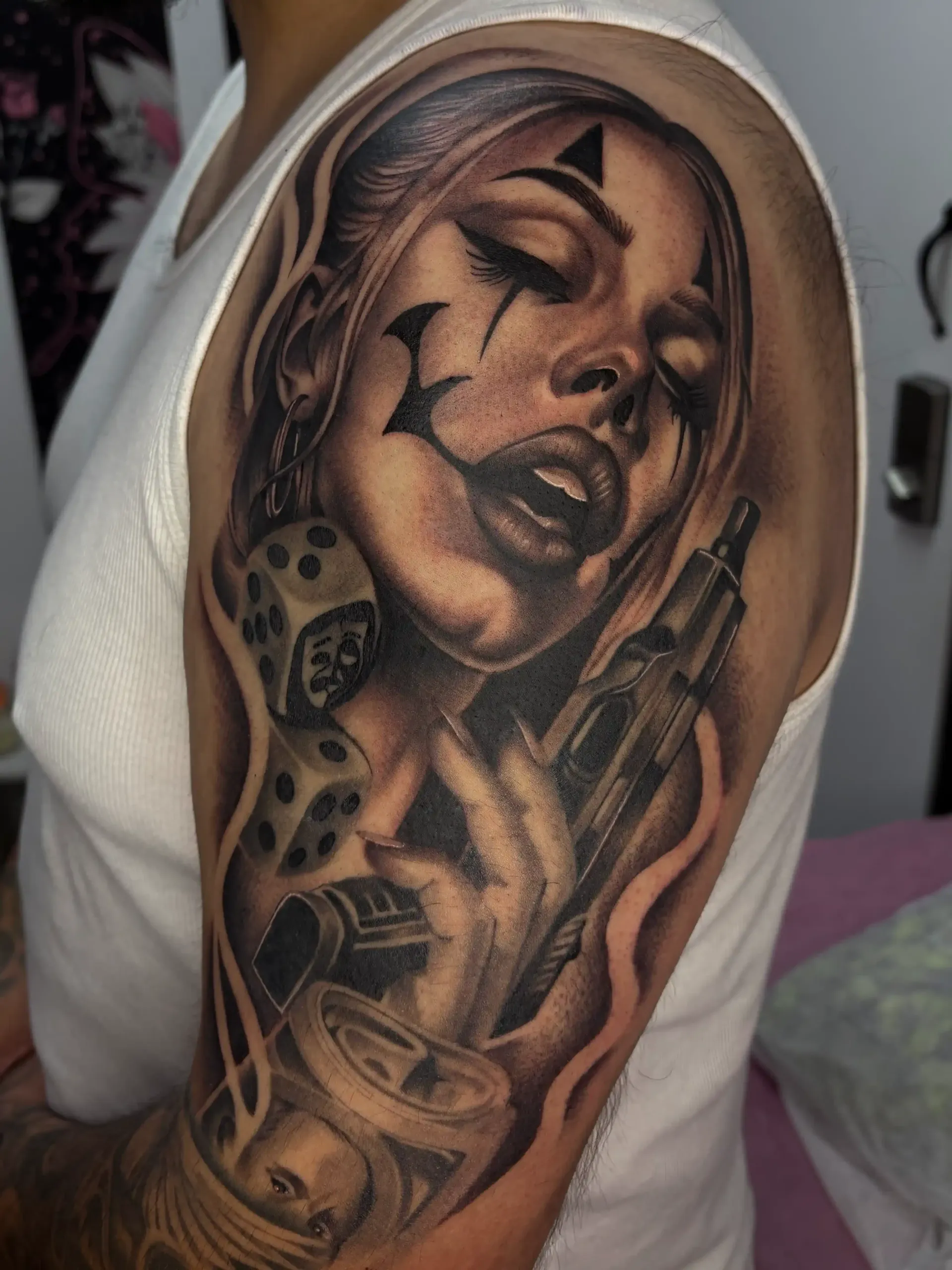 black and white realism clown girl portrait