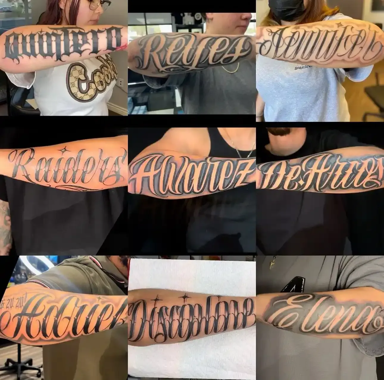 various examples of custom script tattoos by Gueroe