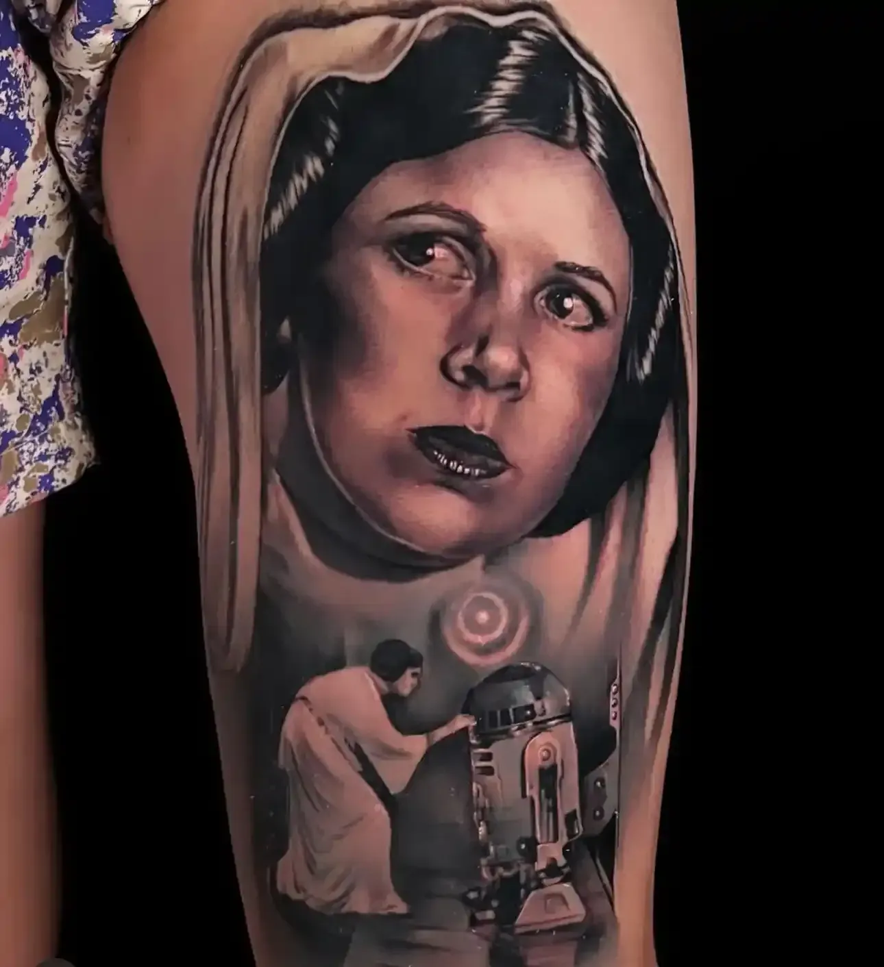 Healed portrait tattoo detail in black and grey realism