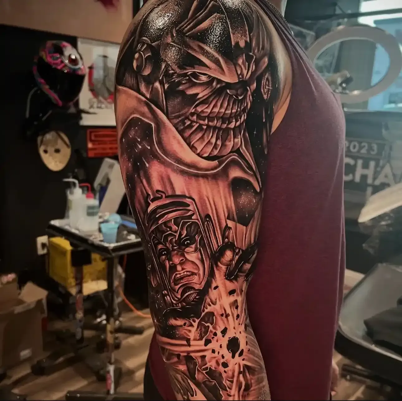 Avengers full arm sleeve tattoo by Mickey