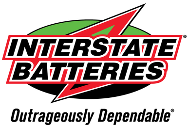 Interstate Batteries logo with red and white text, red lightning bolt, green oval, and the tagline 