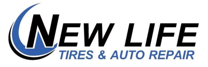 Logo for New Life Tires & Auto Repair. Black text with a blue crescent graphic.
