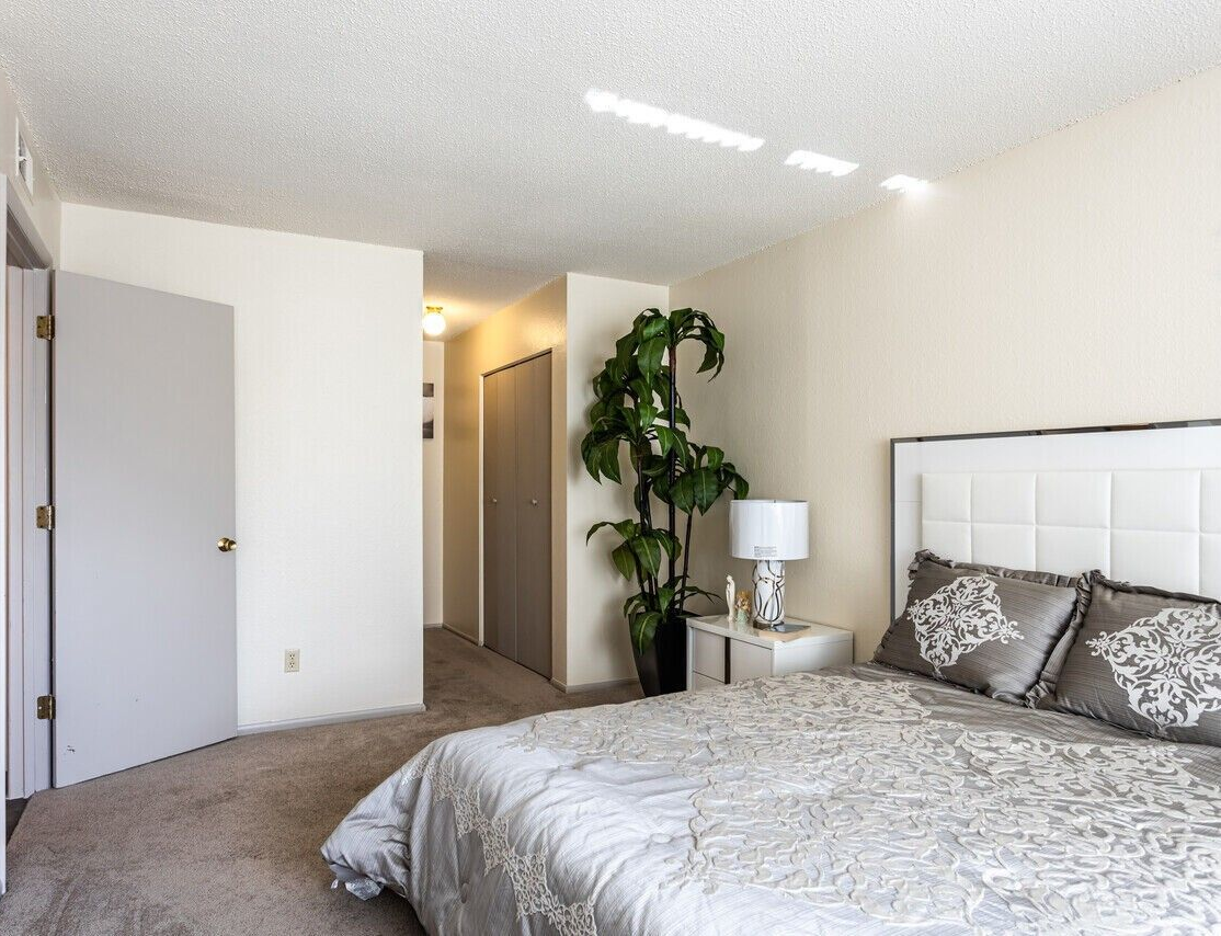 Bedroom with bed, nightstand, large plant, doorway, and hallway.