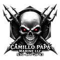 Logo for Camillo Papa Marine LLC featuring a human skull with glowing red eyes in front of crossed tridents.