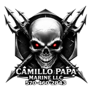 Logo for Camillo Papa Marine LLC featuring a human skull with glowing red eyes in front of crossed tridents.