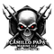 Logo for Camillo Papa Marine LLC featuring a human skull with glowing red eyes in front of crossed tridents.