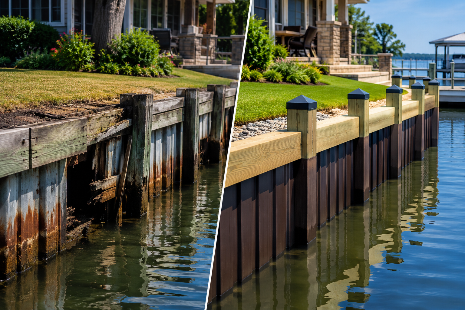 Waterfront seawall with weathered wood on the left and a new tan retaining wall on the right beside calm water