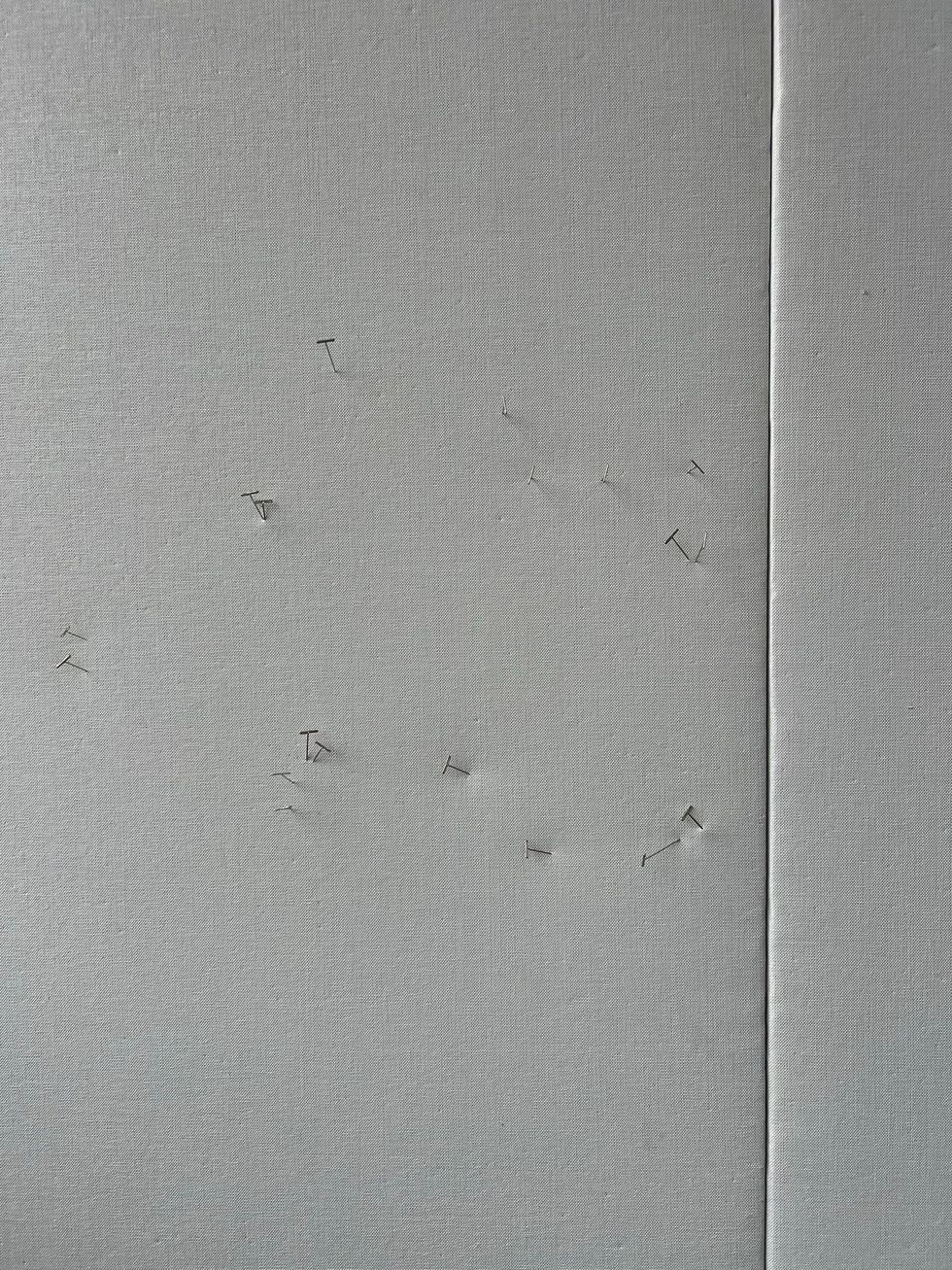 Close-up of a gray textured fabric or wall with a vertical seam and small specks.