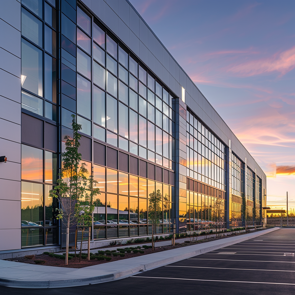 A large commercial building with lots of professionally cleaned windows and fresh asphalt sealcoating.