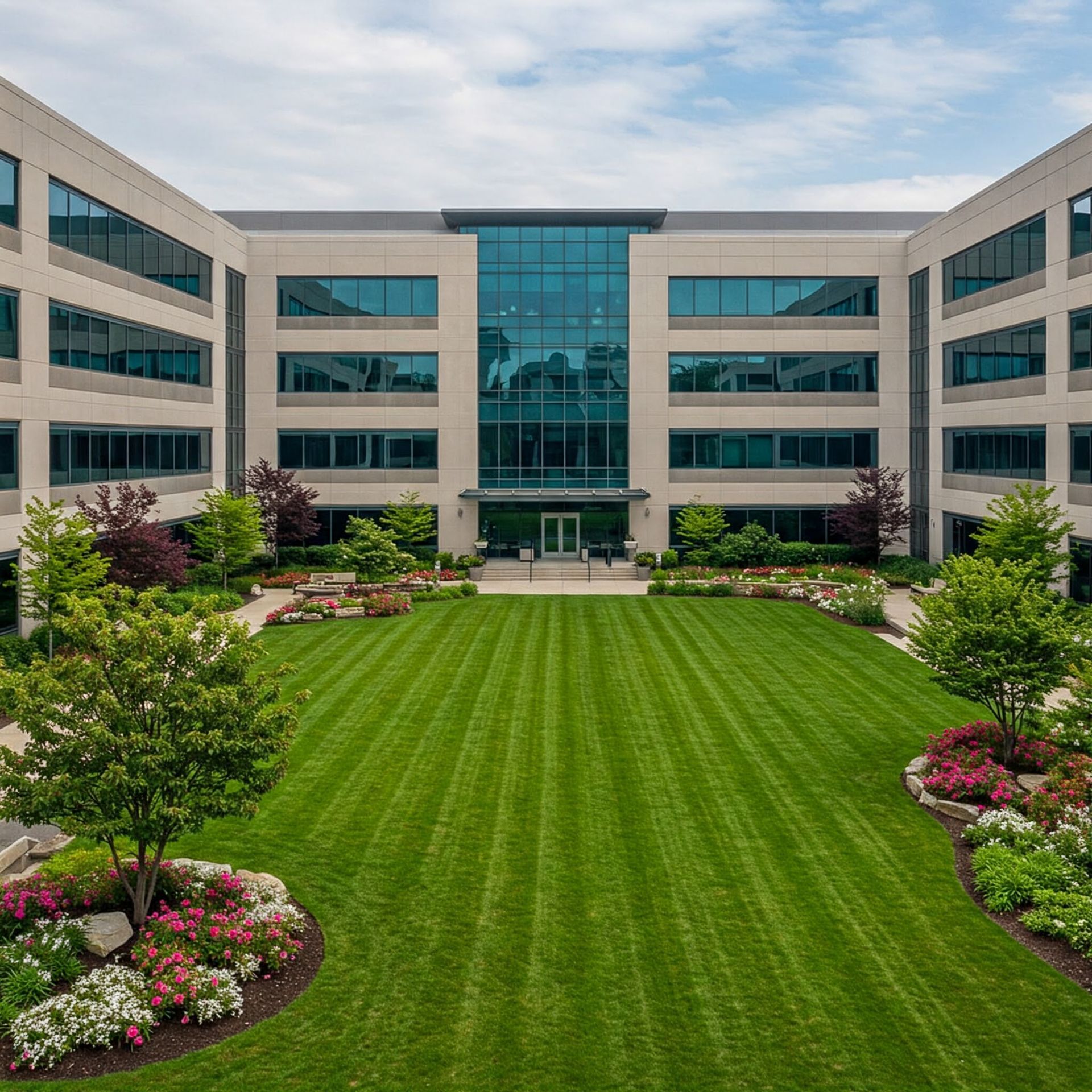 A large commercial building with freshly mowed lawn, well maintained landscaping, & professionally cleaned windows.