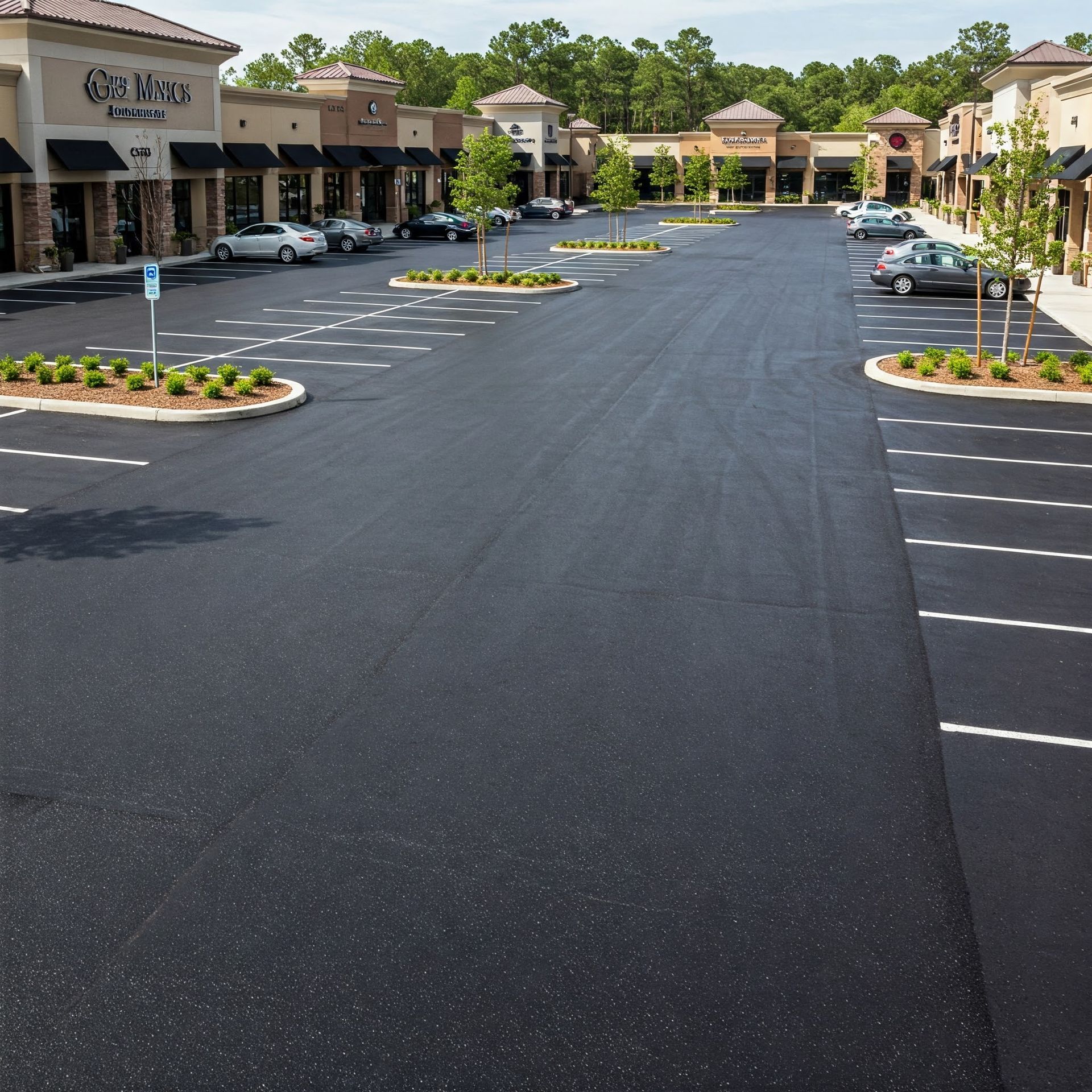 A shopping mall and parking lot with fresh asphalt sealcoating and professional landscaping.