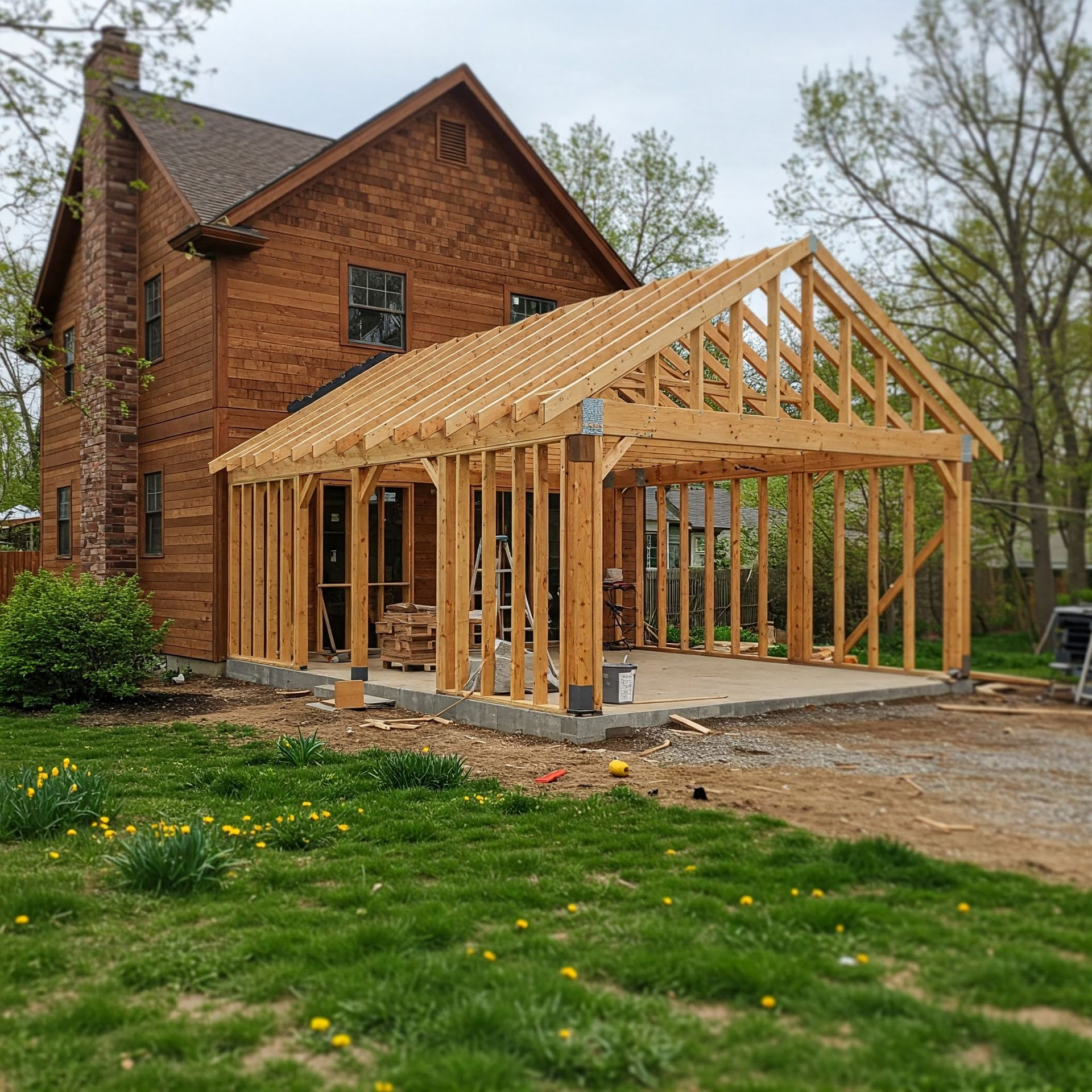A construction site of a garage addition that is framed in over a concrete slab.