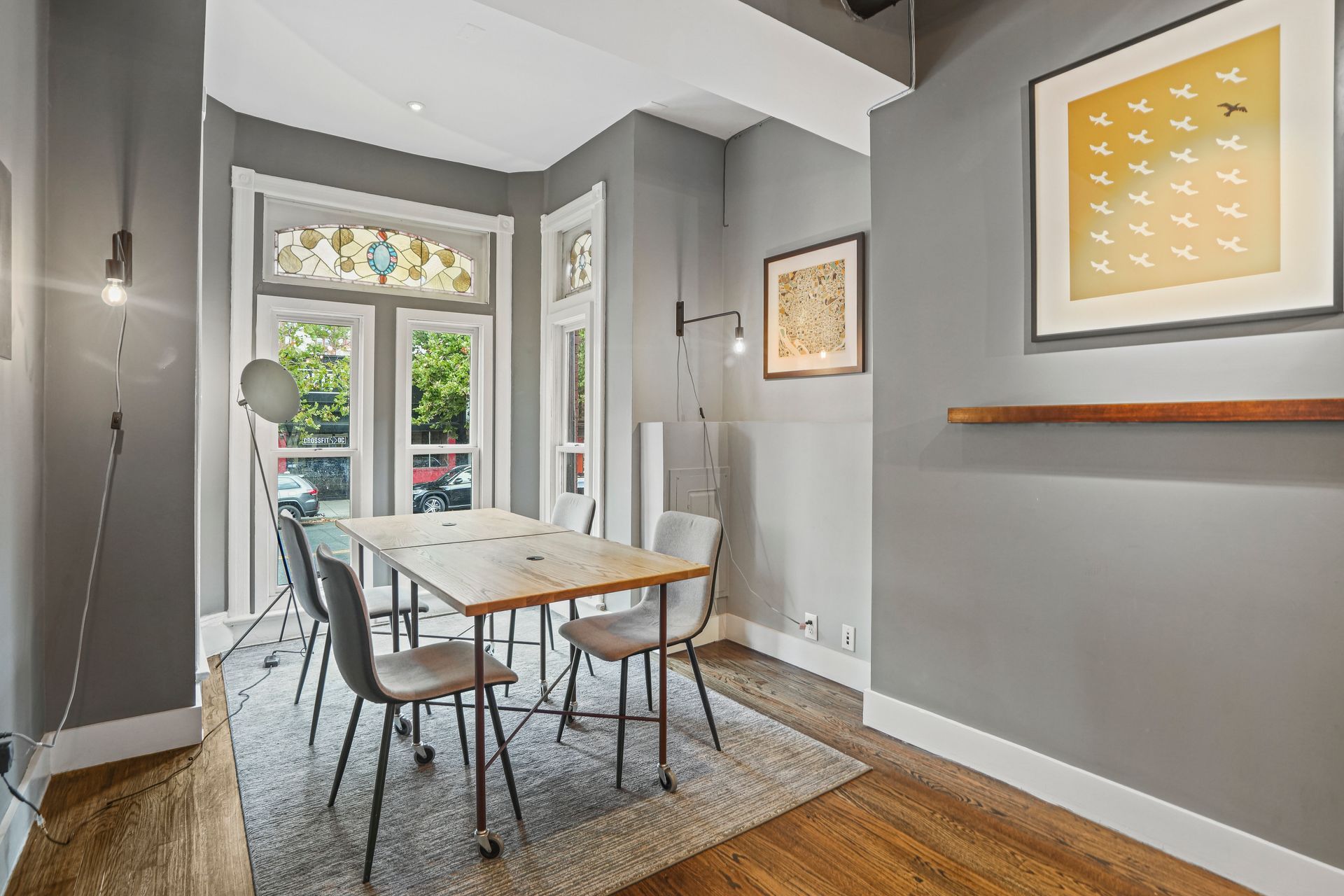 Bright office lounge with seating and decorative accents