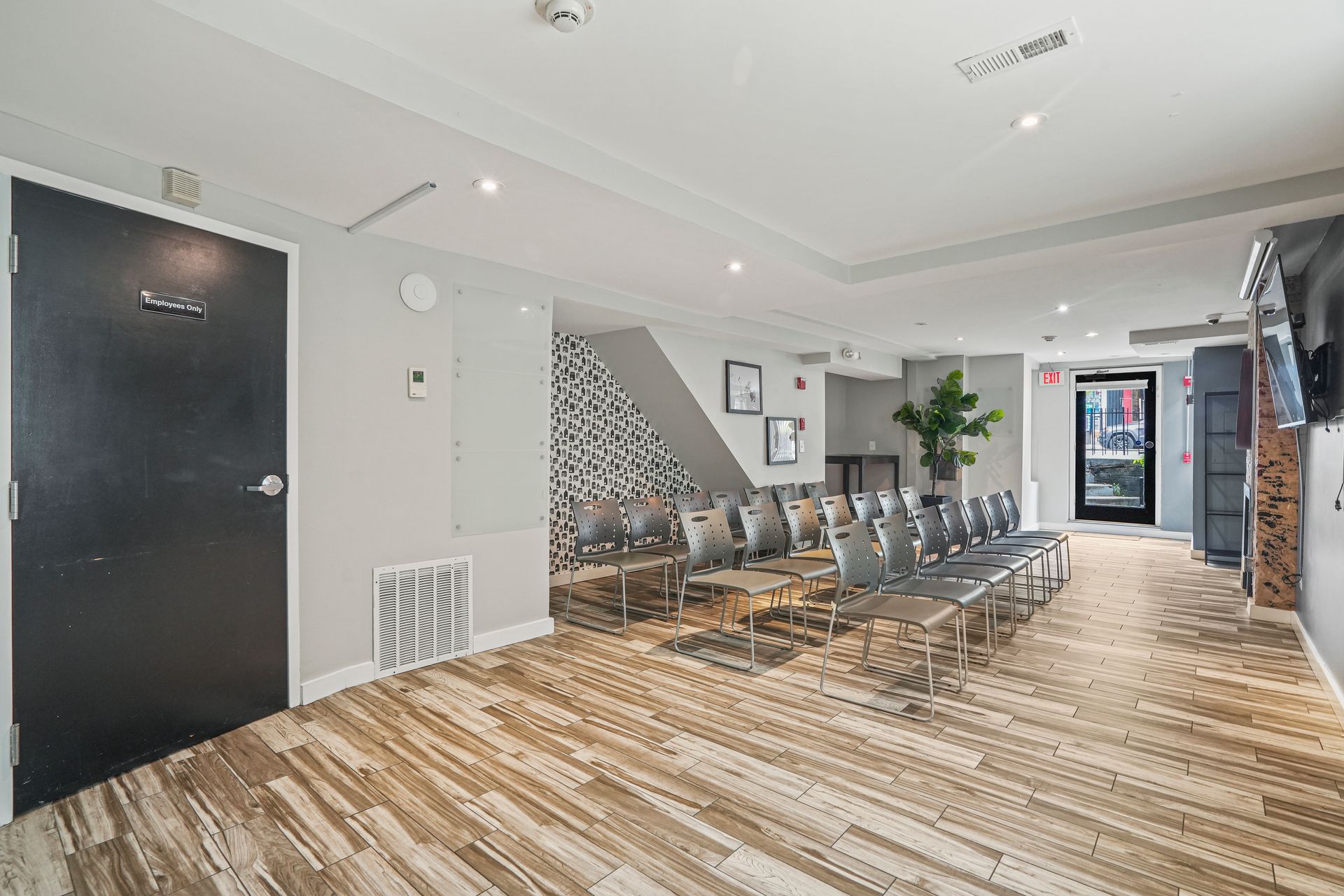 Event and meeting space with long communal tables