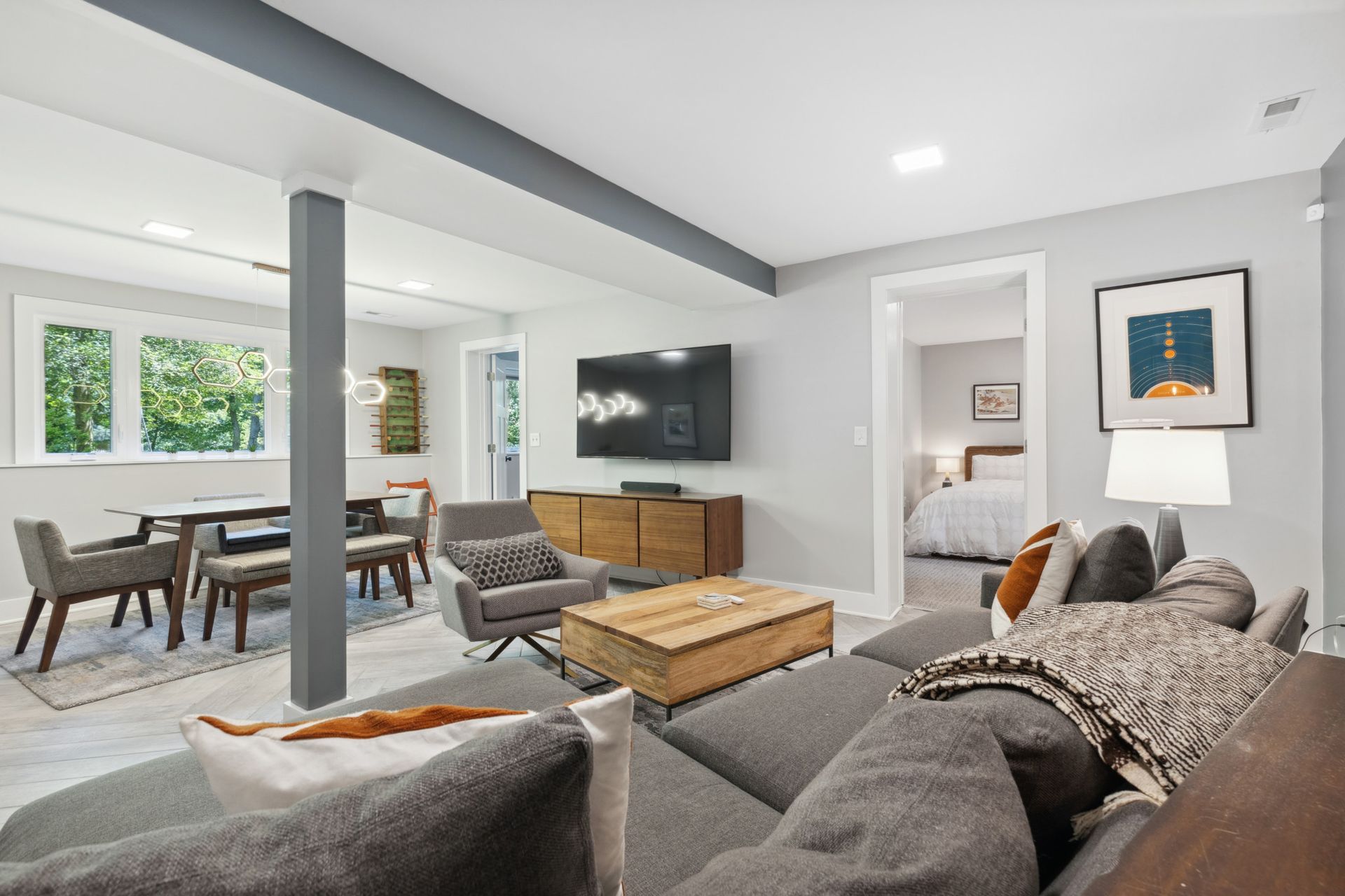Bright apartment living room with large windows