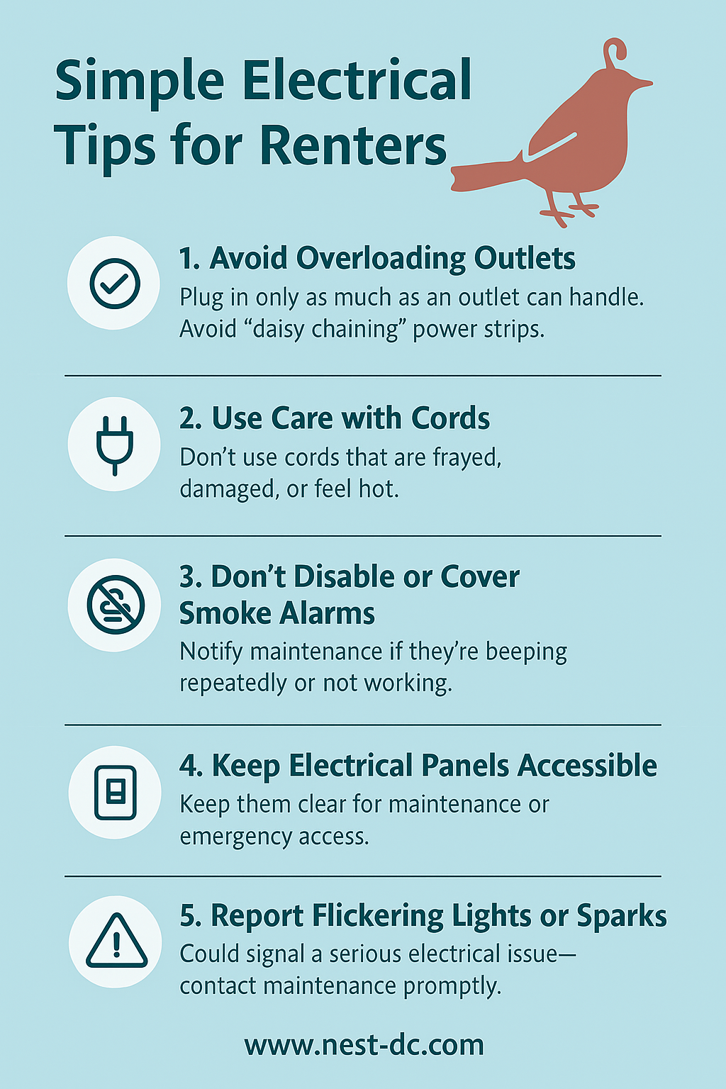 Graphic with Nest logo blue background and simple instructions on how to care for electrical in a rental