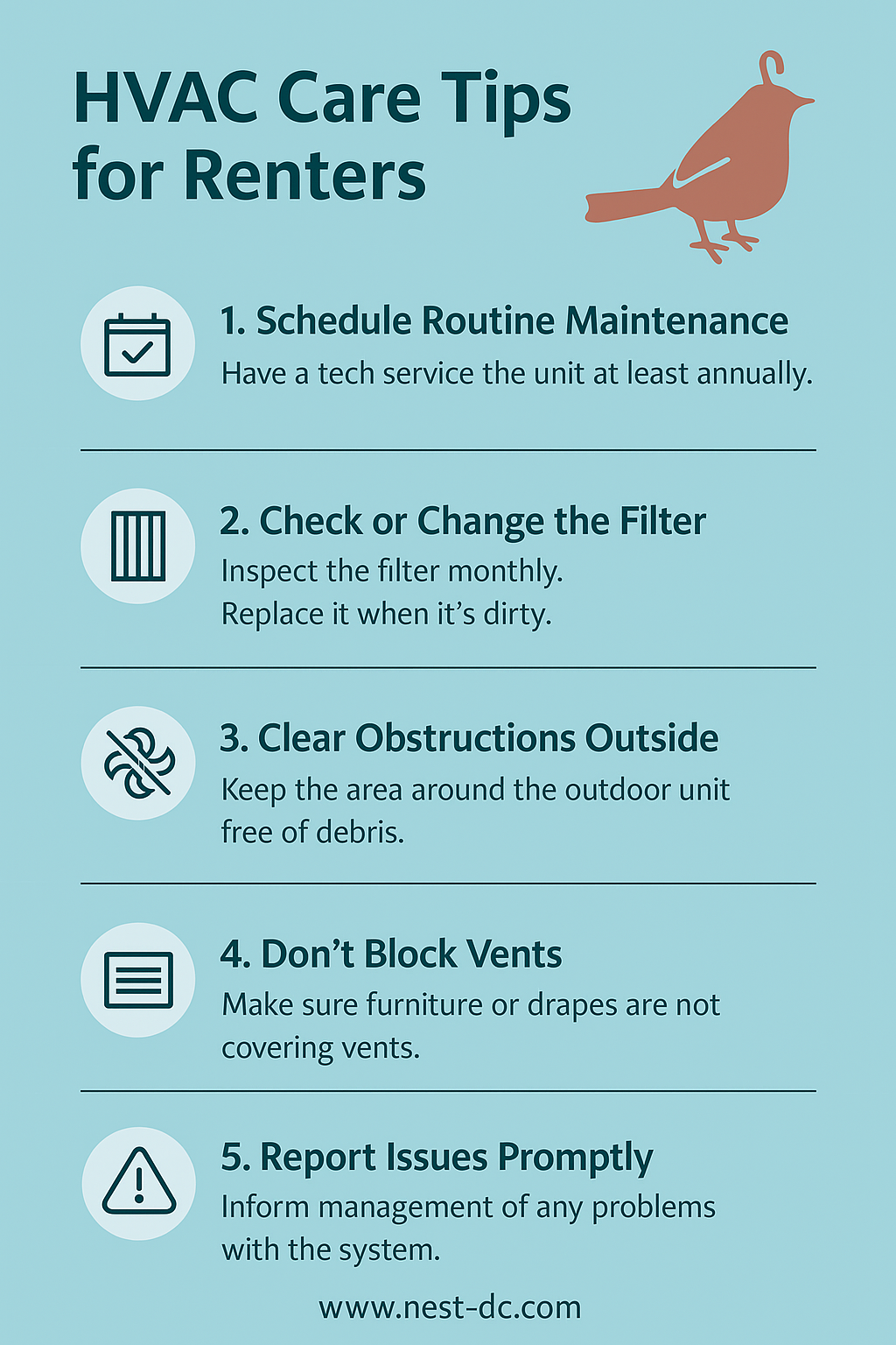 Image of flyer describing how to maintain and HVAC system for Renters with nest logo on blue background