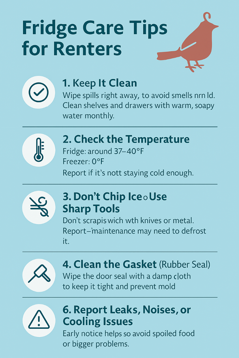 Graphic with Nest logo blue background and simple instructions on how to care for refrigerators in a rental