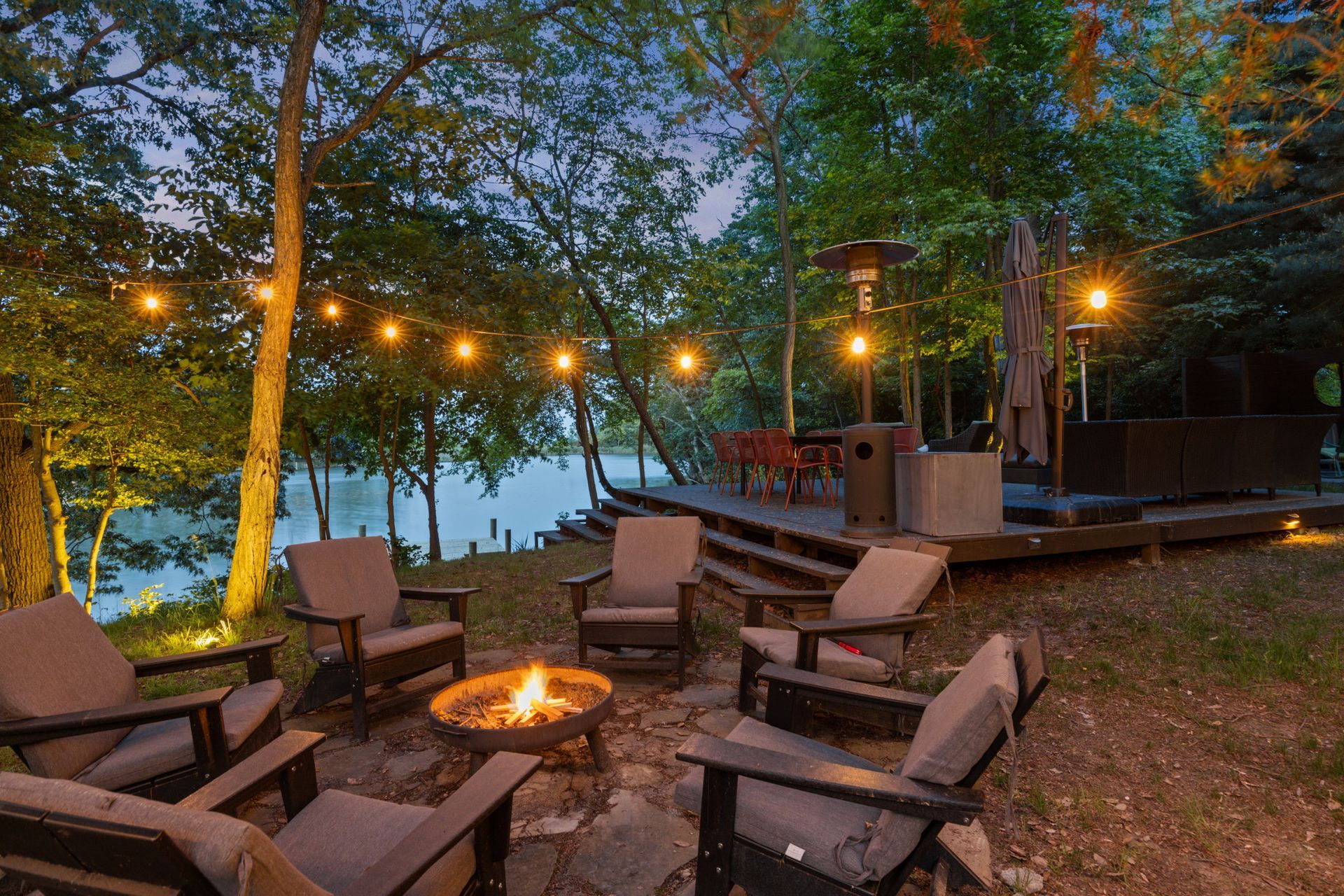 Outdoor courtyard with string lights and evening ambiance