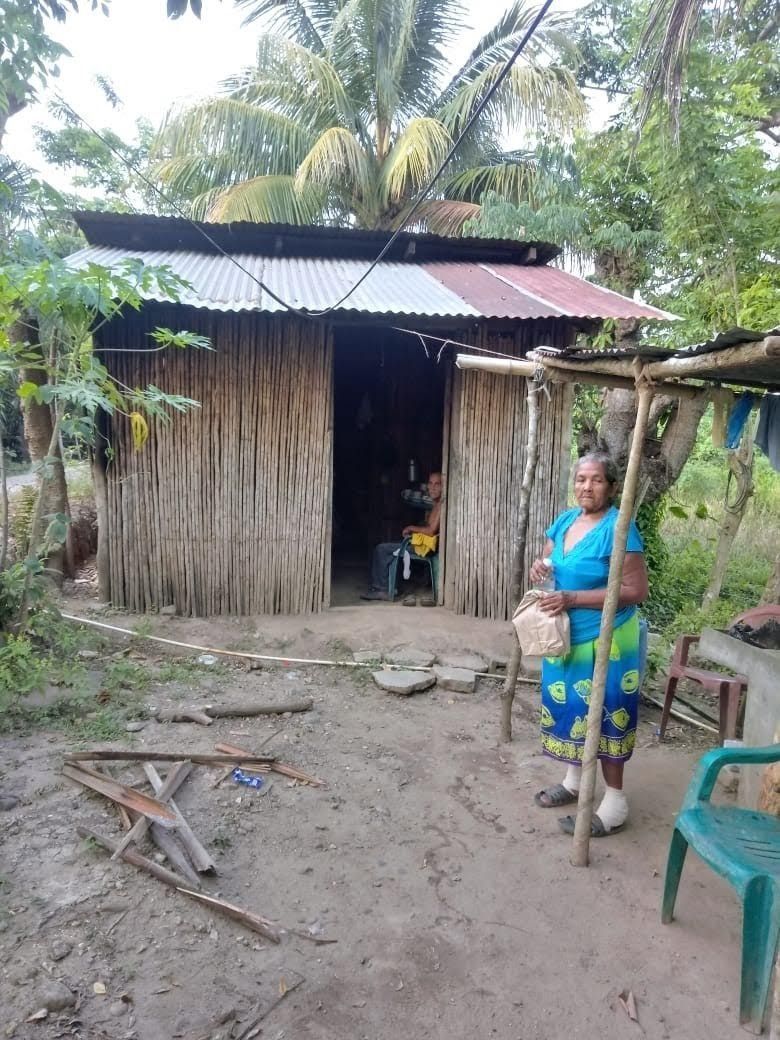 A woman in a blue dress is standing in front of a small hut.