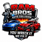 RAM Bros Auto Collision logo with blue and red cars and the slogan “You Wreck It We Fix It”