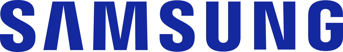 A blue samsung logo on a white background.