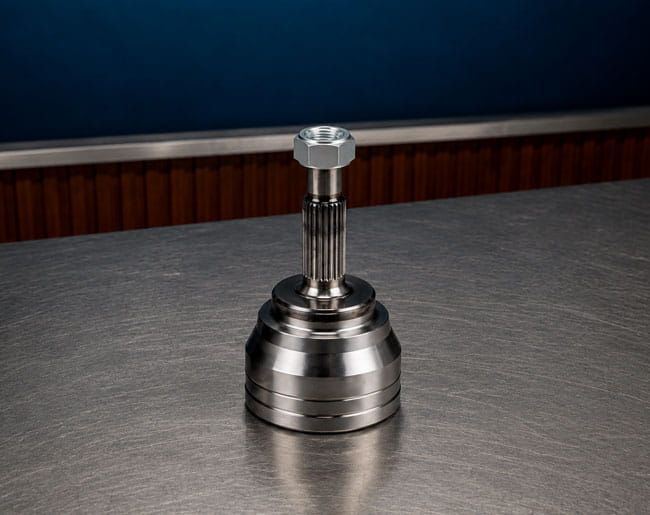 Objeto de metal cromado sobre una mesa de acero inoxidable sobre un fondo azul oscuro.
