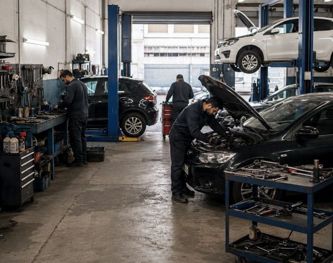 Taller mecánico con mecánicos trabajando en coches negros, uno en un elevador y otro con el capó abierto.