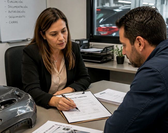 Dos personas revisan documentación en el mostrador de un concesionario de automóviles