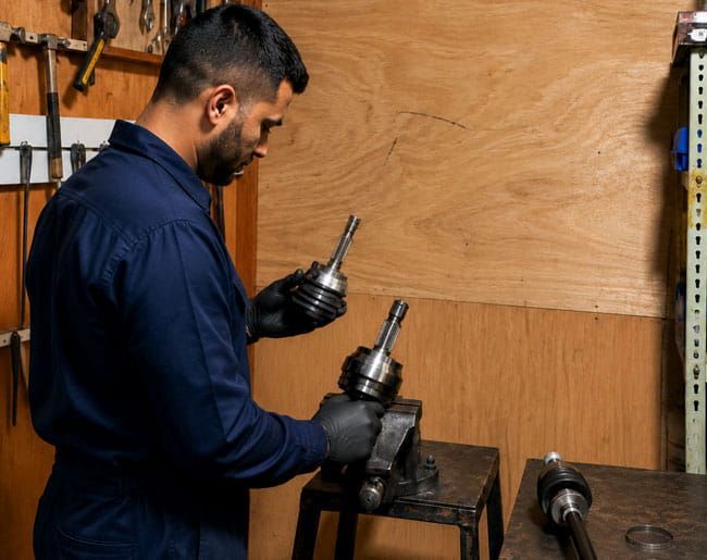 Mecánico con camisa azul utilizando un taladro de columna en un taller, sosteniendo una herramienta en una mano.